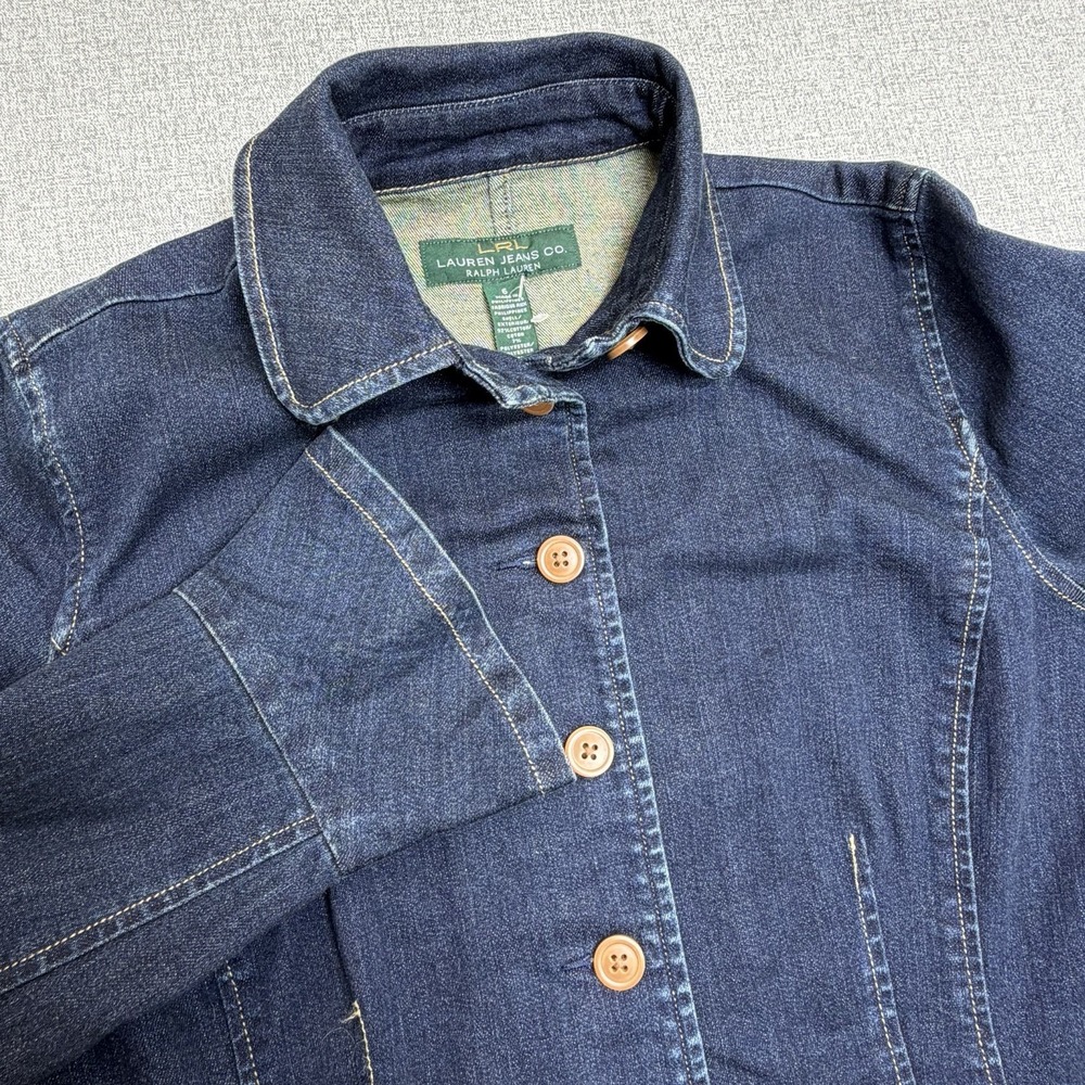 LRL Ralph Lauren Women's Denim Blazer Jacket Size L Blue Jean Stretch Button Up